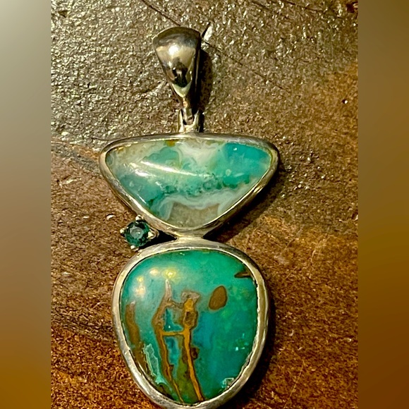 GENUINE Green & Copper Turquoise Pendant Necklace Unique One of a kind . silver - Picture 3 of 9